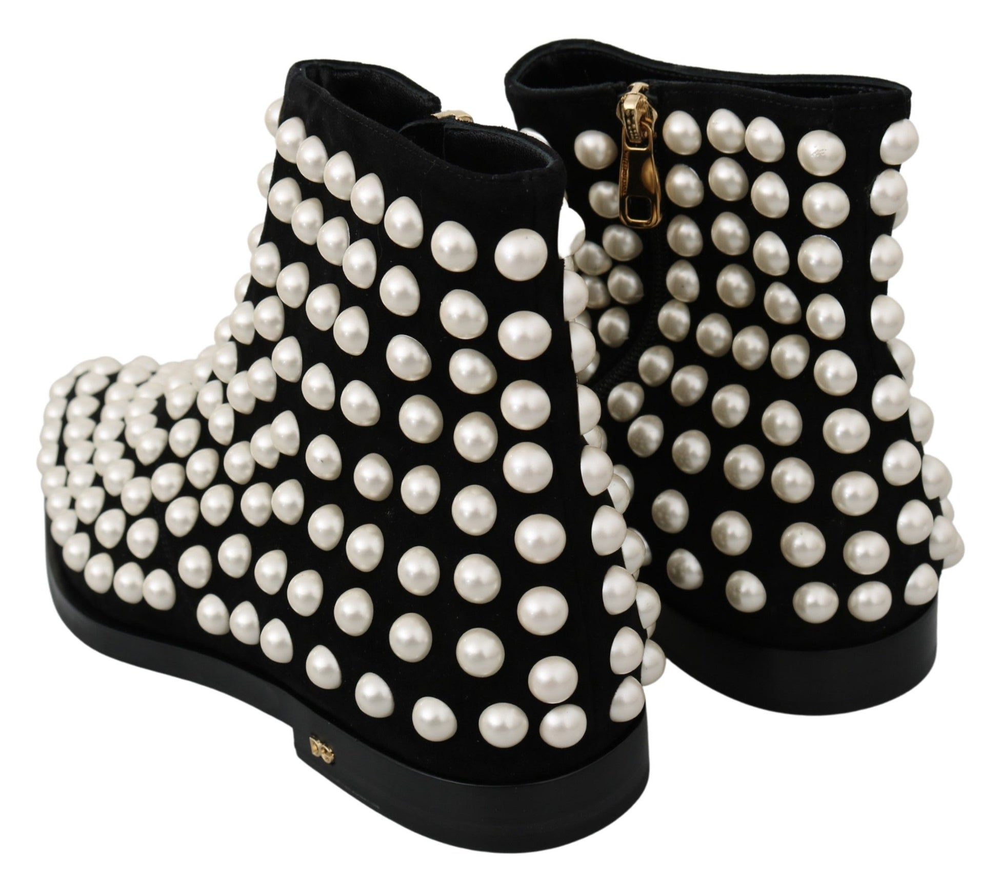 Dolce & Gabbana Black Suede Pearl Studs Boots Shoes Dolce & Gabbana