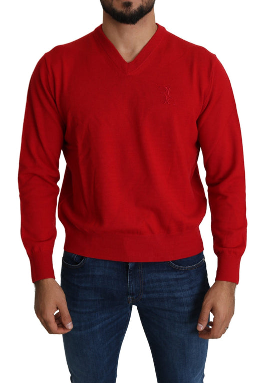 Billionaire Italian Couture Red V-neck Wool Sweatshirt Pullover Sweater Billionaire Italian Couture