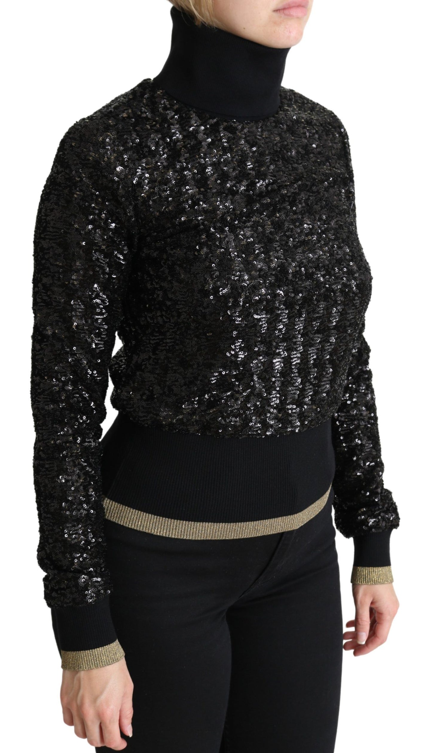 Dolce & Gabbana Black Sequined Knitted Turtle Neck Sweater Dolce & Gabbana