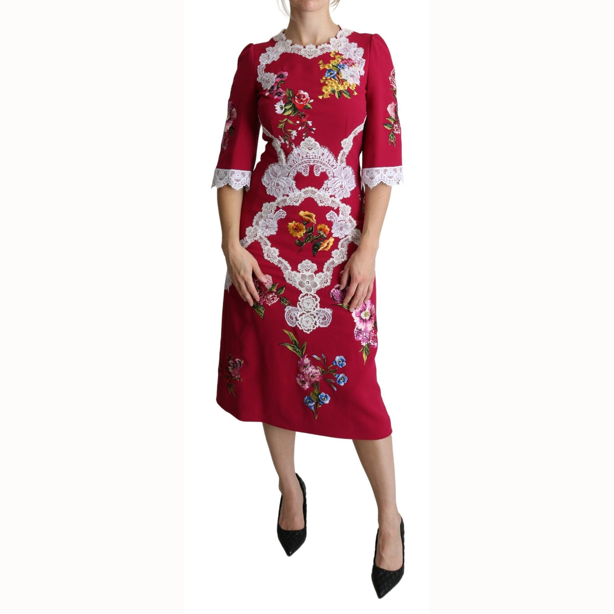 Dolce & Gabbana Red Floral Embroidered Sheath Midi Dress
