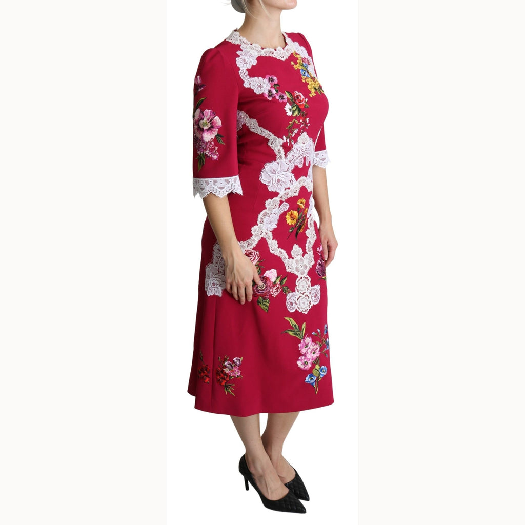 Dolce & Gabbana Red Floral Embroidered Sheath Midi Dress