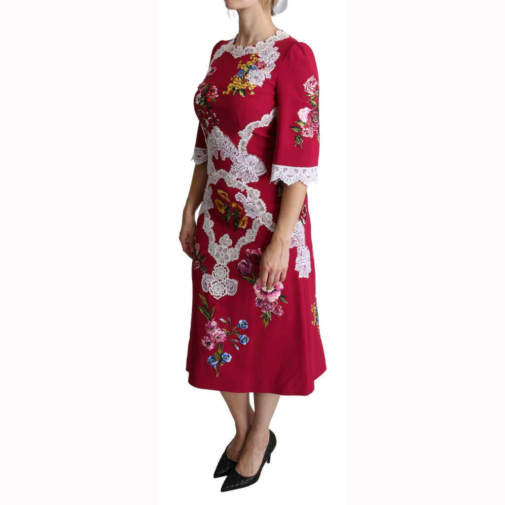 Dolce & Gabbana Red Floral Embroidered Sheath Midi Dress