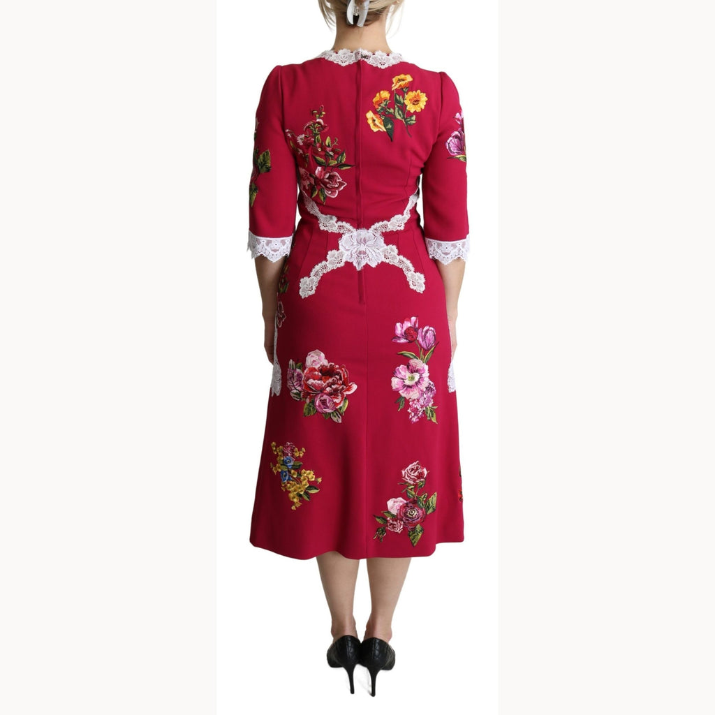 Dolce & Gabbana Red Floral Embroidered Sheath Midi Dress
