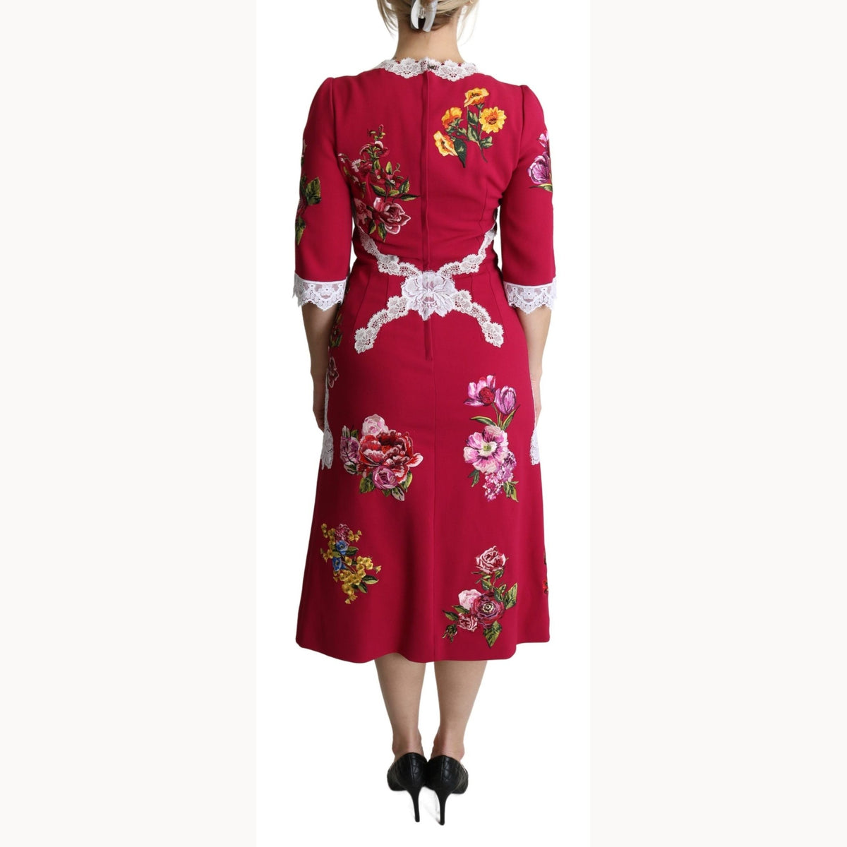 Dolce & Gabbana Red Floral Embroidered Sheath Midi Dress