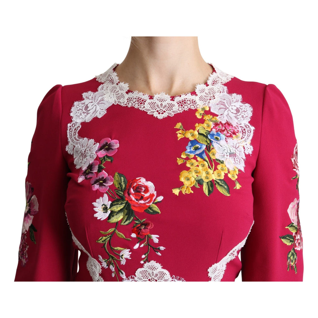 Dolce & Gabbana Red Floral Embroidered Sheath Midi Dress