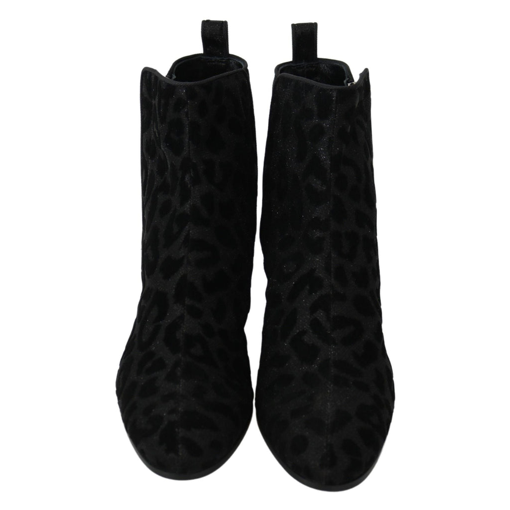 Dolce & Gabbana Black Leopard Short Boots Zipper Shoes