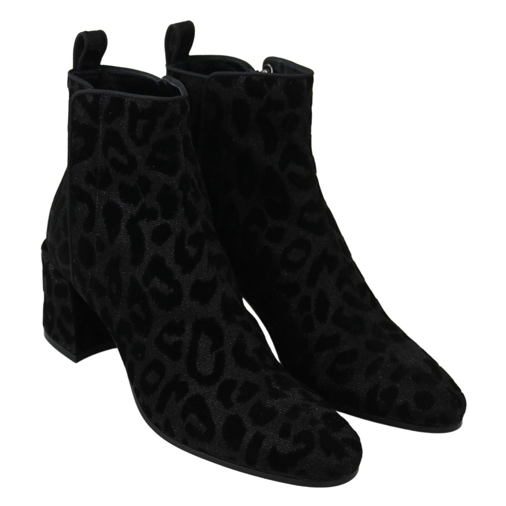Dolce & Gabbana Black Leopard Short Boots Zipper Shoes