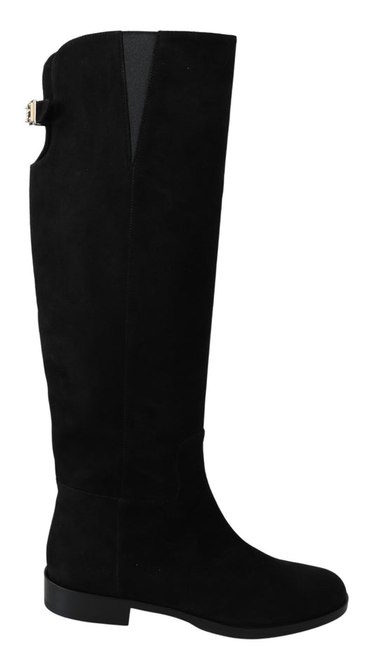 Dolce & Gabbana Black Suede Knee High Flat Boots Shoes Dolce & Gabbana