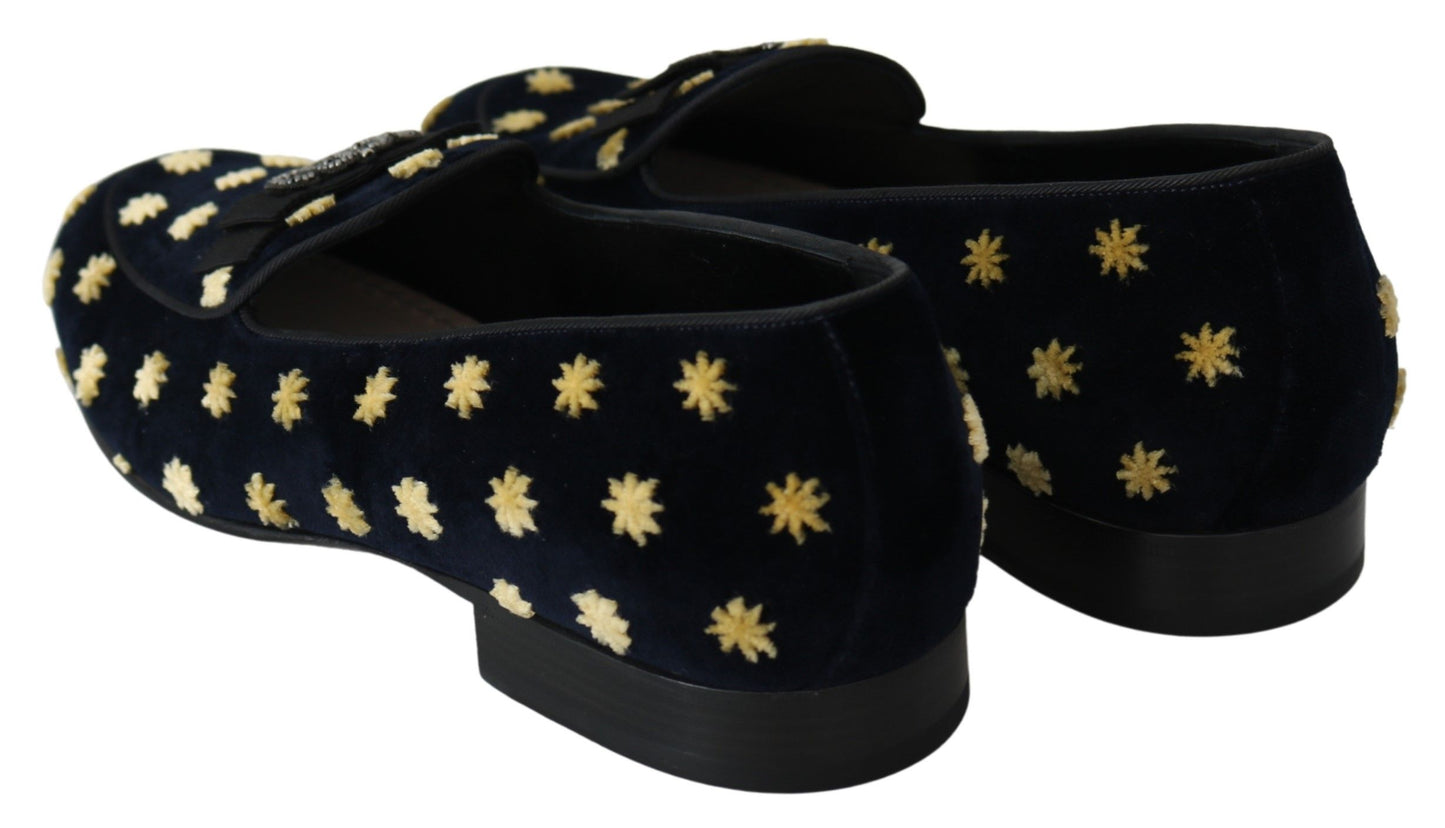 Dolce & Gabbana Blue Velvet Crown Slippers Loafers Shoes Dolce & Gabbana