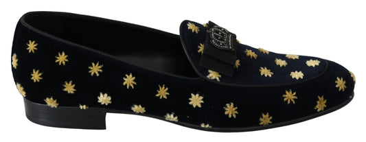 Dolce & Gabbana Blue Velvet Crown Slippers Loafers Shoes Dolce & Gabbana