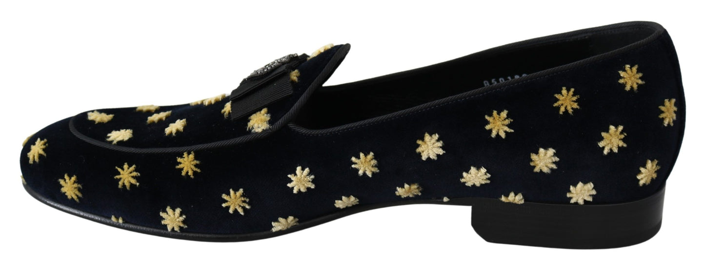Dolce & Gabbana Blue Velvet Crown Slippers Loafers Shoes Dolce & Gabbana