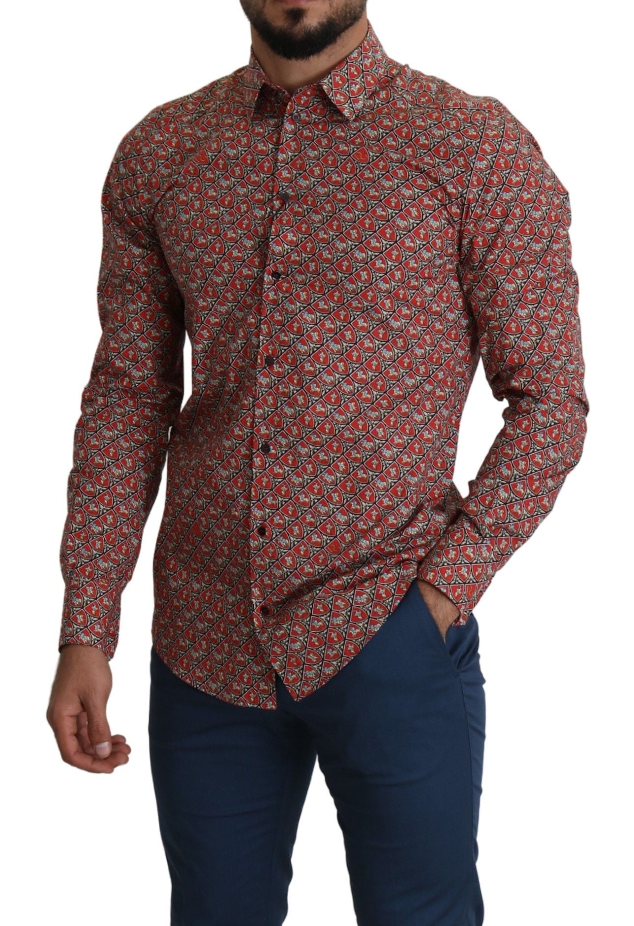 Dolce & Gabbana Red Printed Knight Formal Dress MARTINI Shirt Dolce & Gabbana