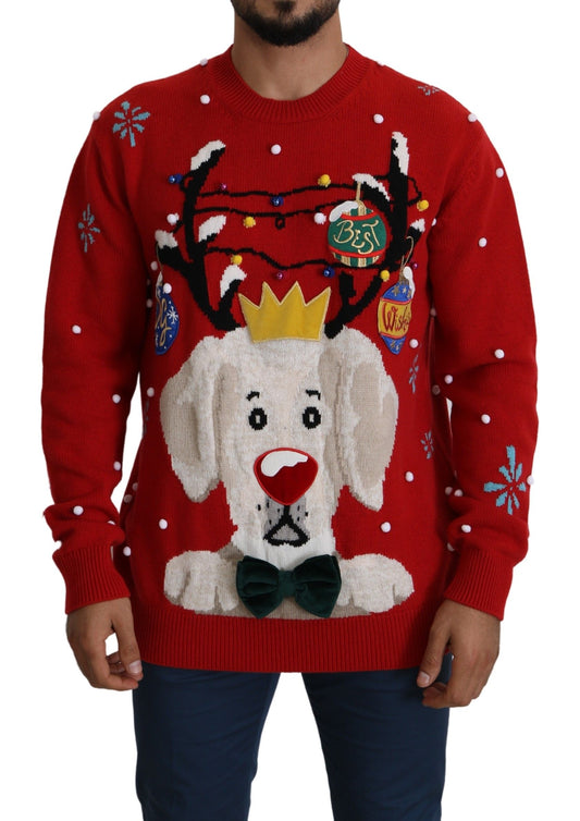 Dolce & Gabbana Red Christmas Dog Pullover Cashmere Sweater Dolce & Gabbana