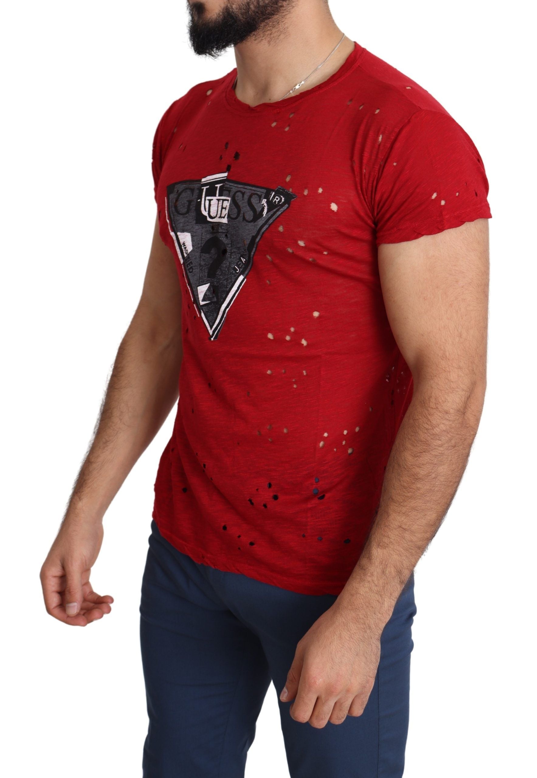 Guess Red Cotton Logo Print Men Casual Top Perforated T-shirt Guess