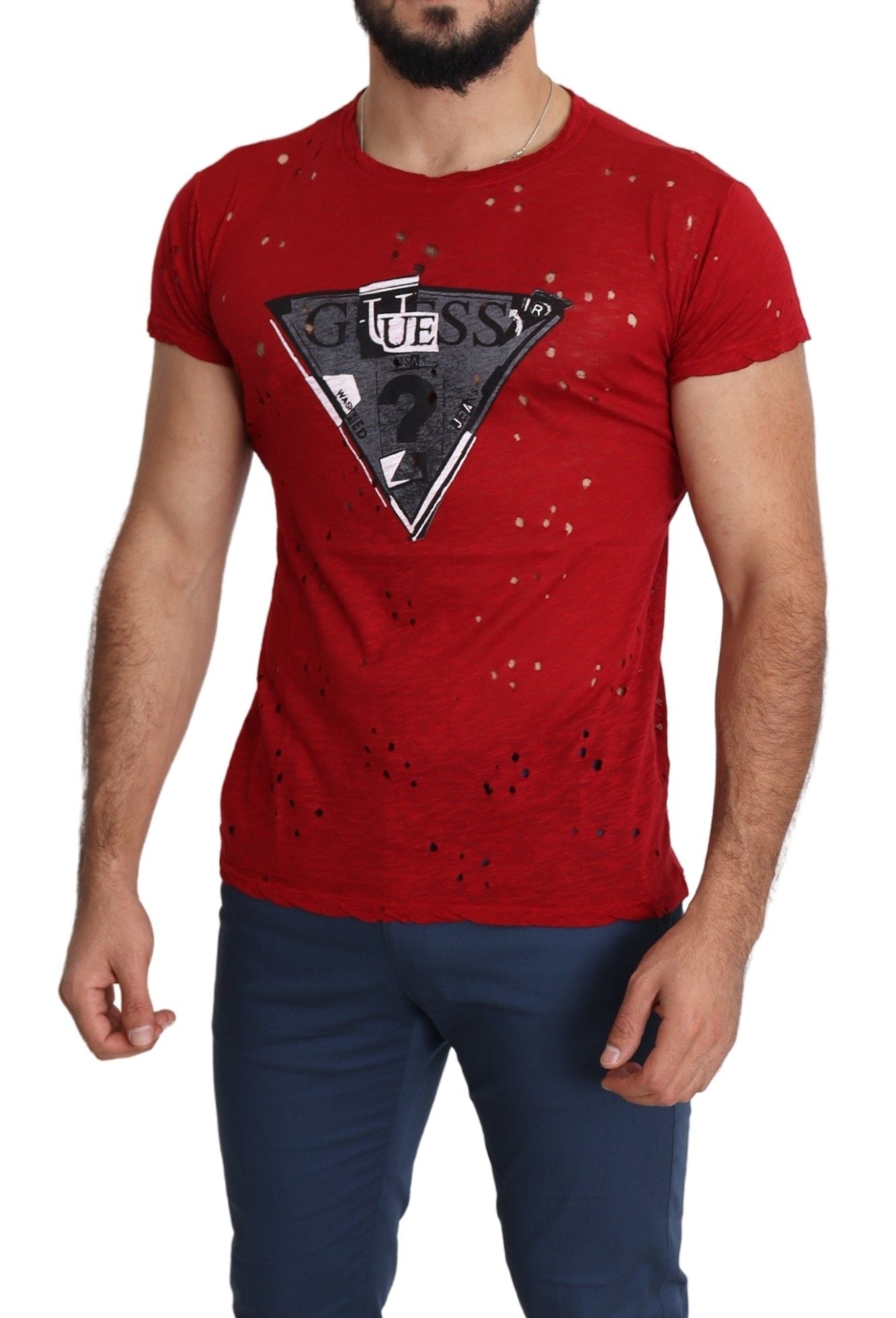 Guess Red Cotton Logo Print Men Casual Top Perforated T-shirt Guess