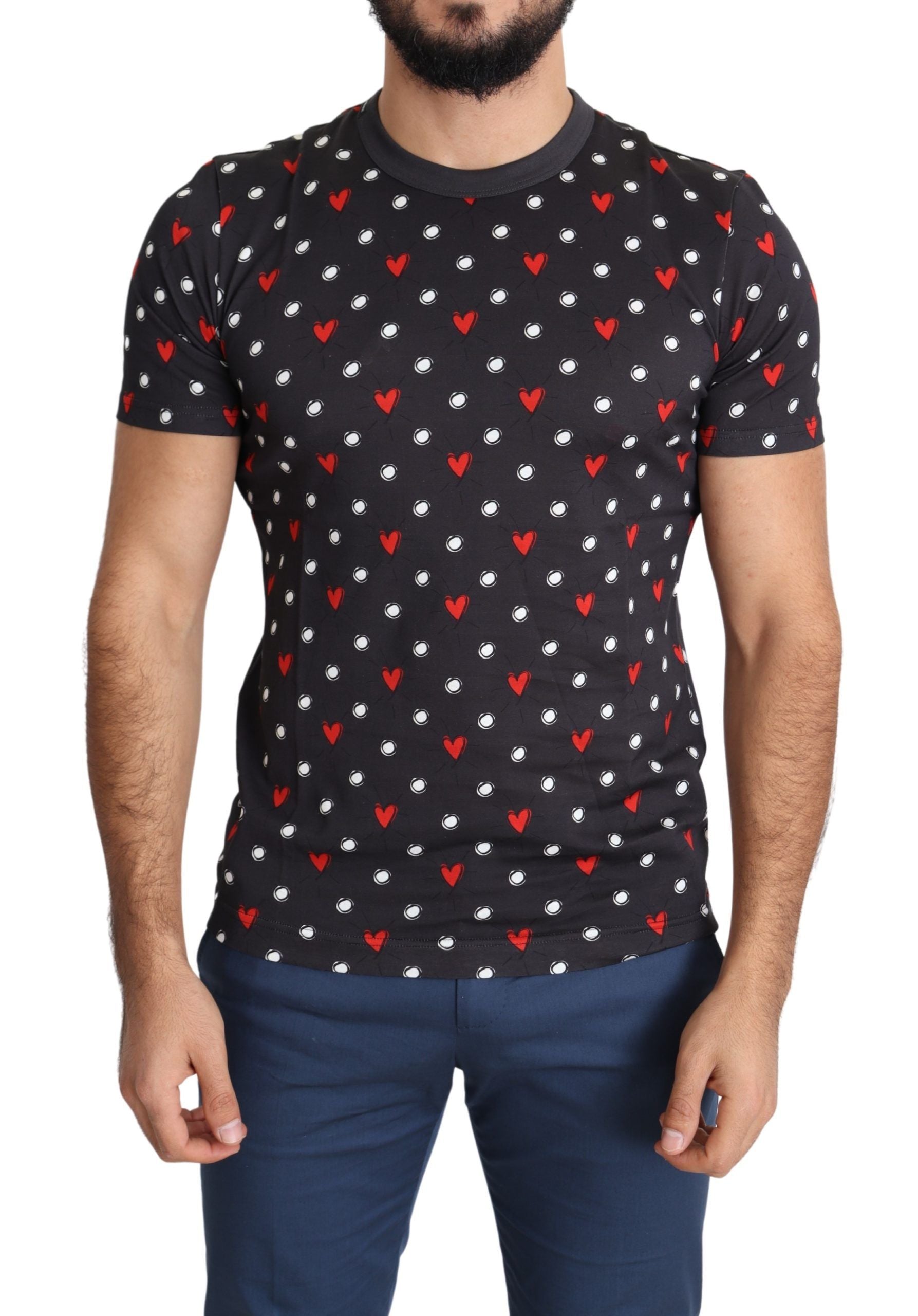 Dolce & Gabbana Dark Gray Hearts Print Cotton Men T-shirt Dolce & Gabbana