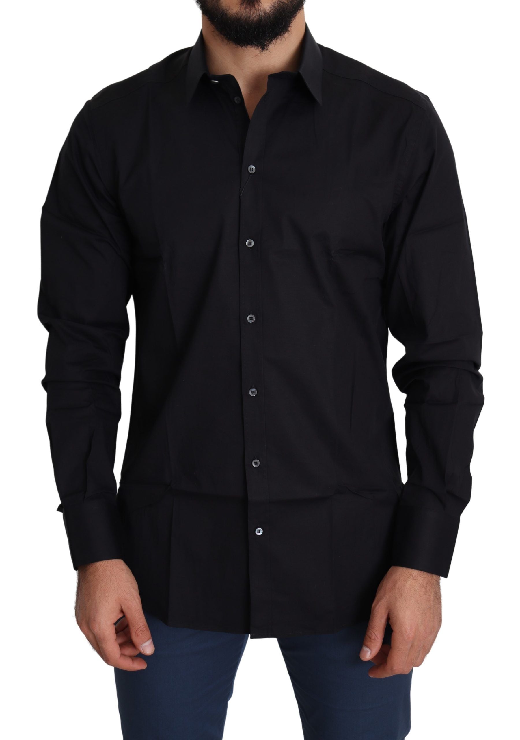 Dolce & Gabbana Black Cotton Stretch Formal GOLD Dress Shirt Dolce & Gabbana