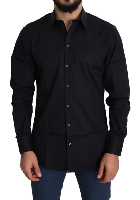 Dolce & Gabbana Black Cotton Stretch Formal GOLD Dress Shirt Dolce & Gabbana