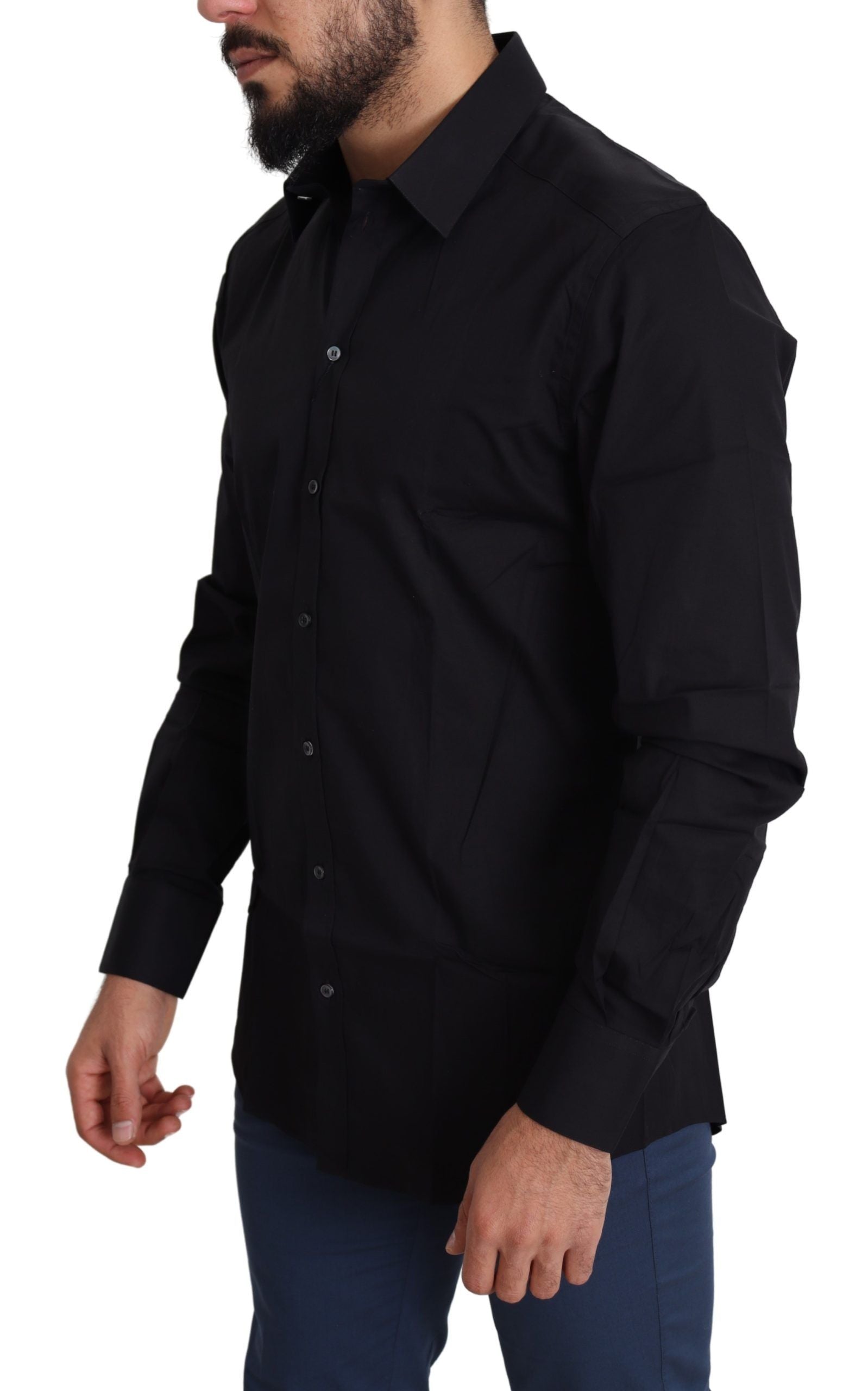 Dolce & Gabbana Black Cotton Stretch Formal GOLD Dress Shirt Dolce & Gabbana