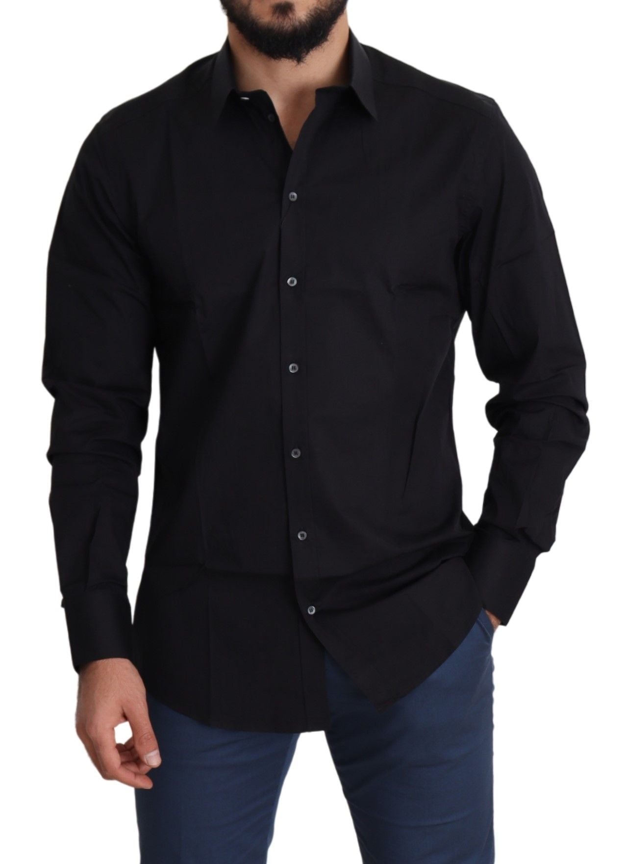 Dolce & Gabbana Black Cotton Stretch Formal GOLD Dress Shirt Dolce & Gabbana