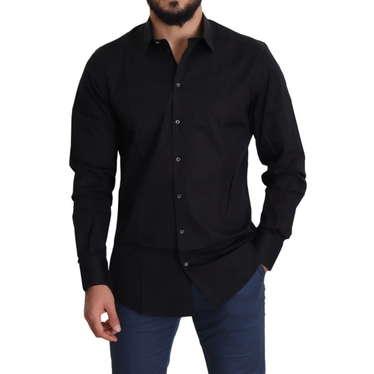 Dolce & Gabbana Black Cotton Stretch Formal GOLD Dress Shirt
