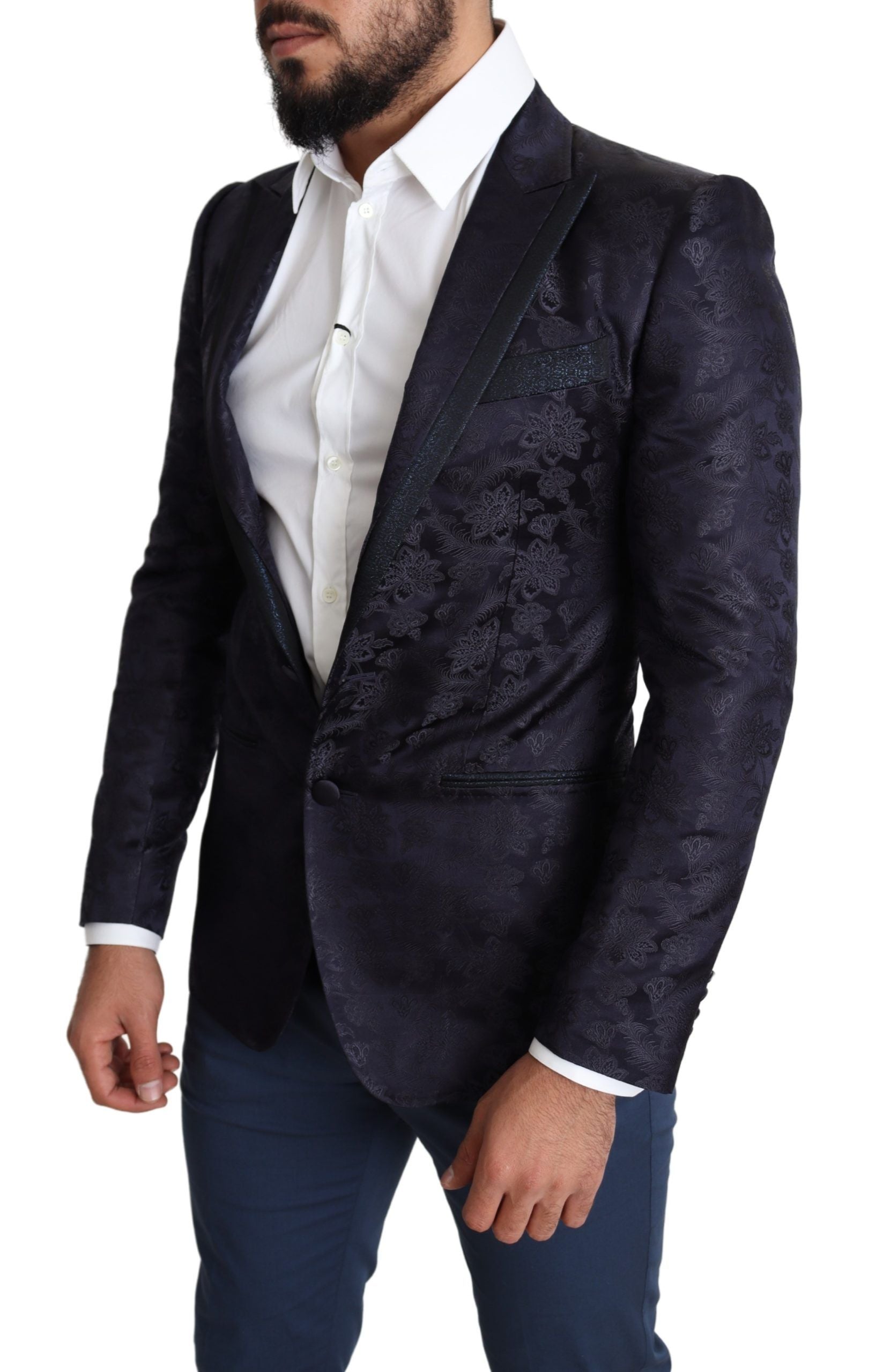 Dolce & Gabbana Blue Floral Jacquard Silk Coat MARTINI Blazer Dolce & Gabbana