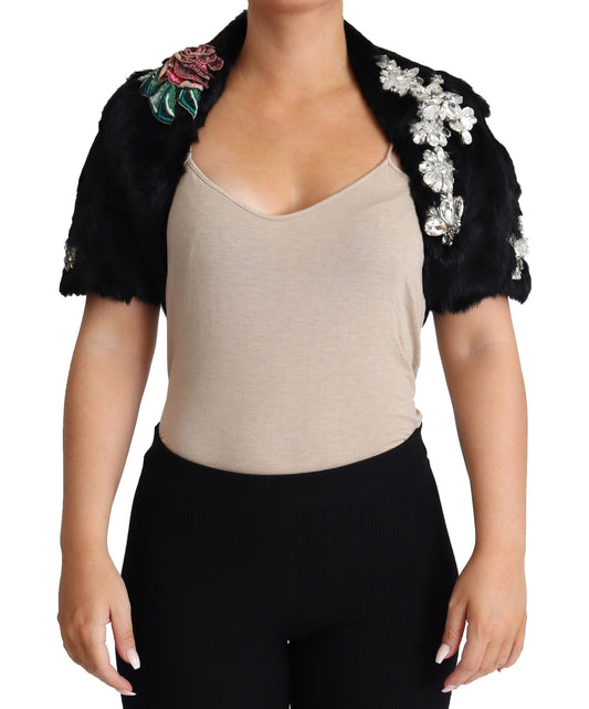 Dolce & Gabbana Black Rabbit Fur Crystals Sequin Coat Dolce & Gabbana