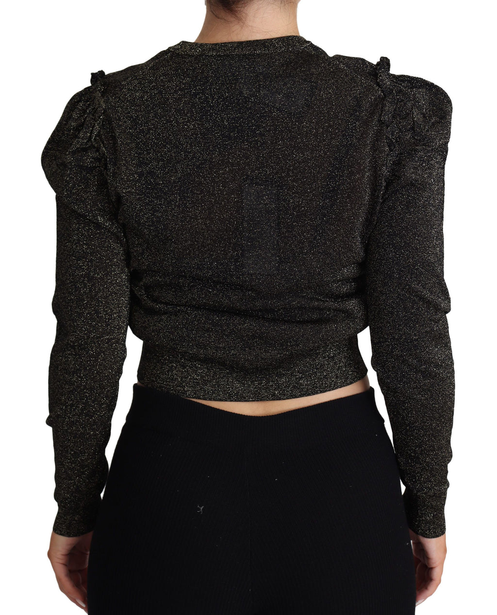 Black Dolce & Gabbana cropped women's pullover sweater with gold accents, featuring a stylish, fitted design and long sleeves.