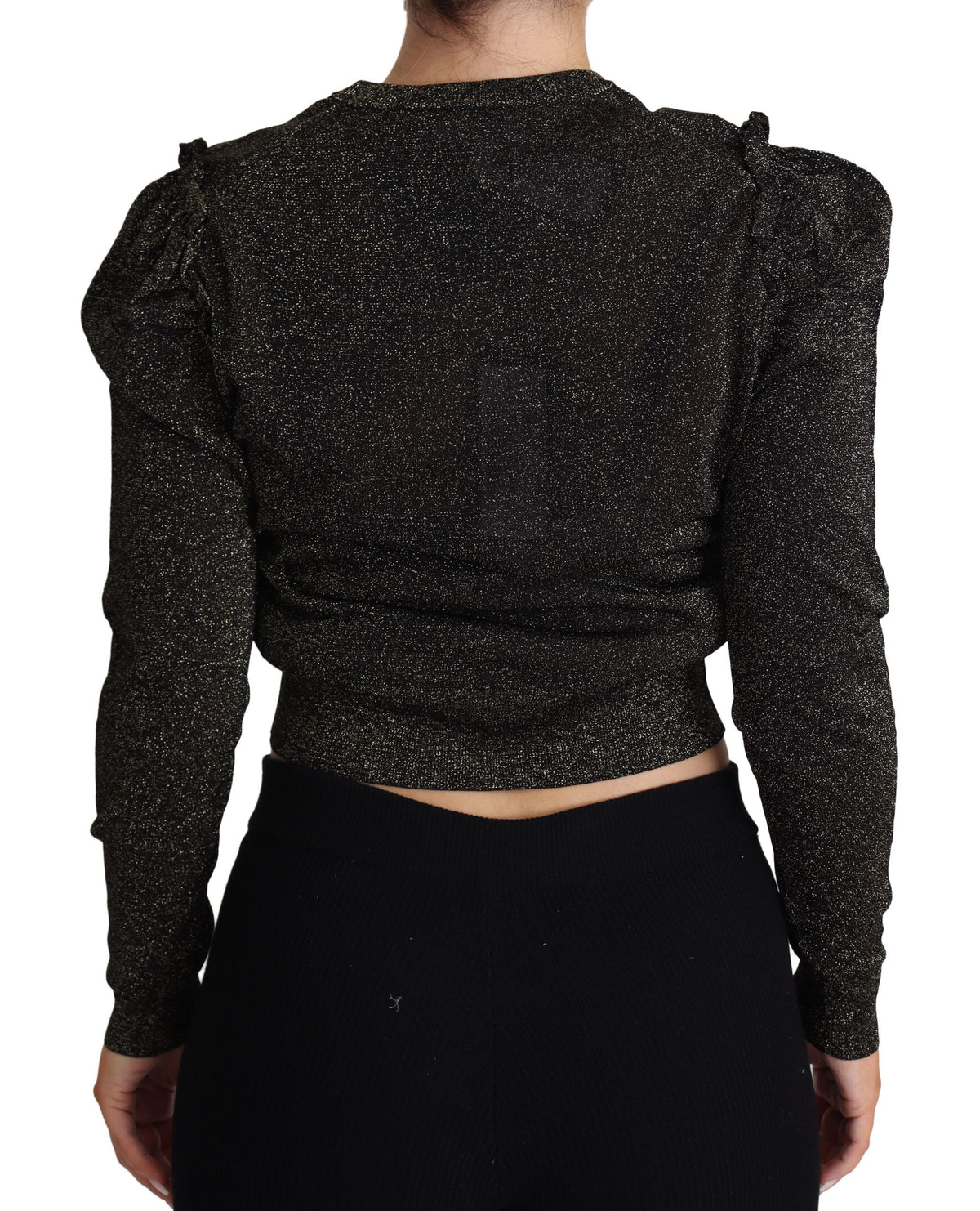 Black Dolce & Gabbana cropped women's pullover sweater with gold accents, featuring a stylish, fitted design and long sleeves.