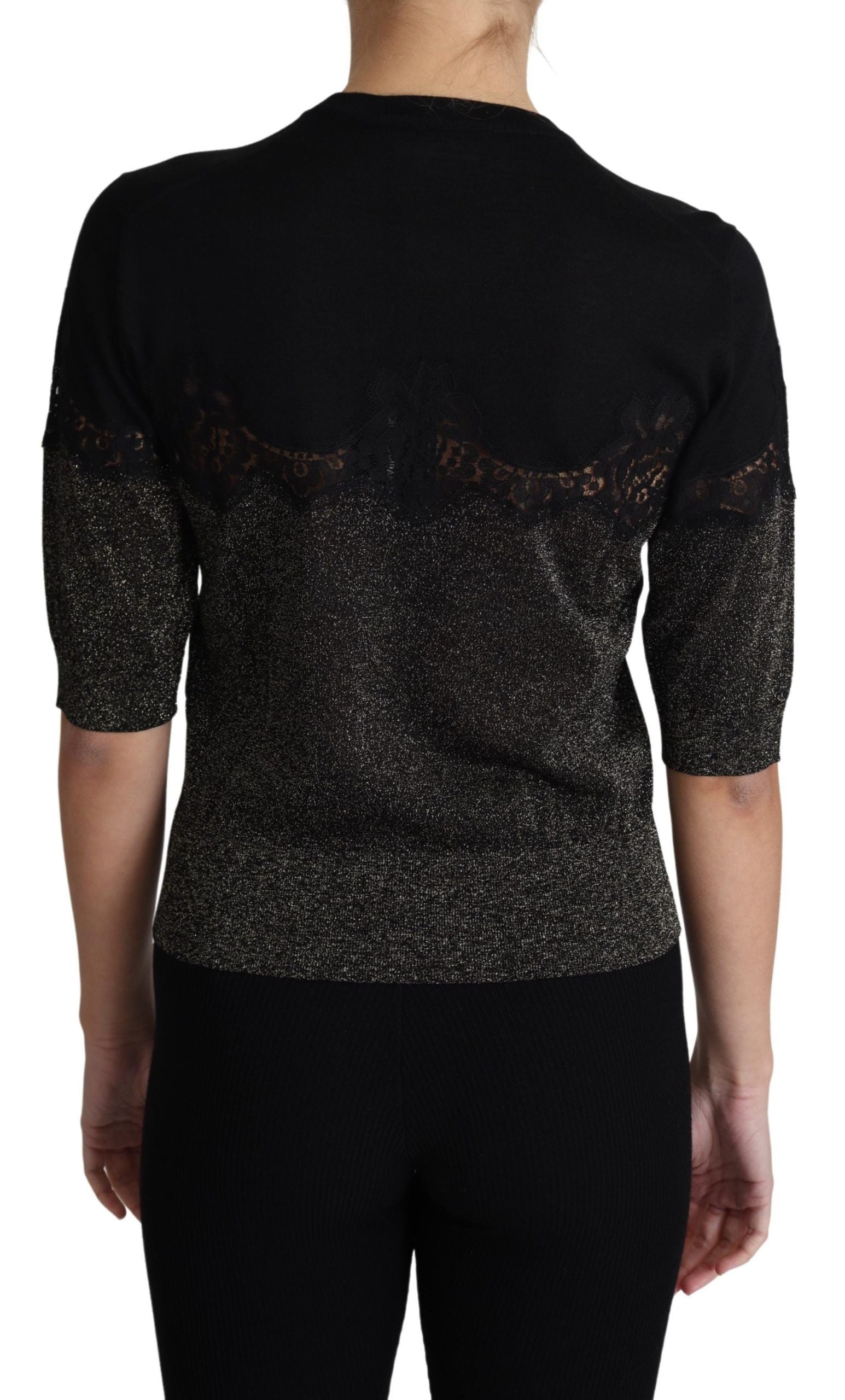 Dolce & Gabbana Black Shiny Lurex Lace Insert Pullover Top Dolce & Gabbana