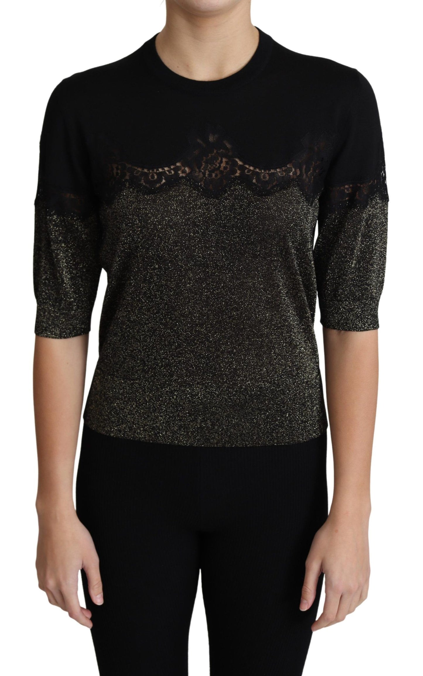 Dolce & Gabbana Black Shiny Lurex Lace Insert Pullover Top Dolce & Gabbana