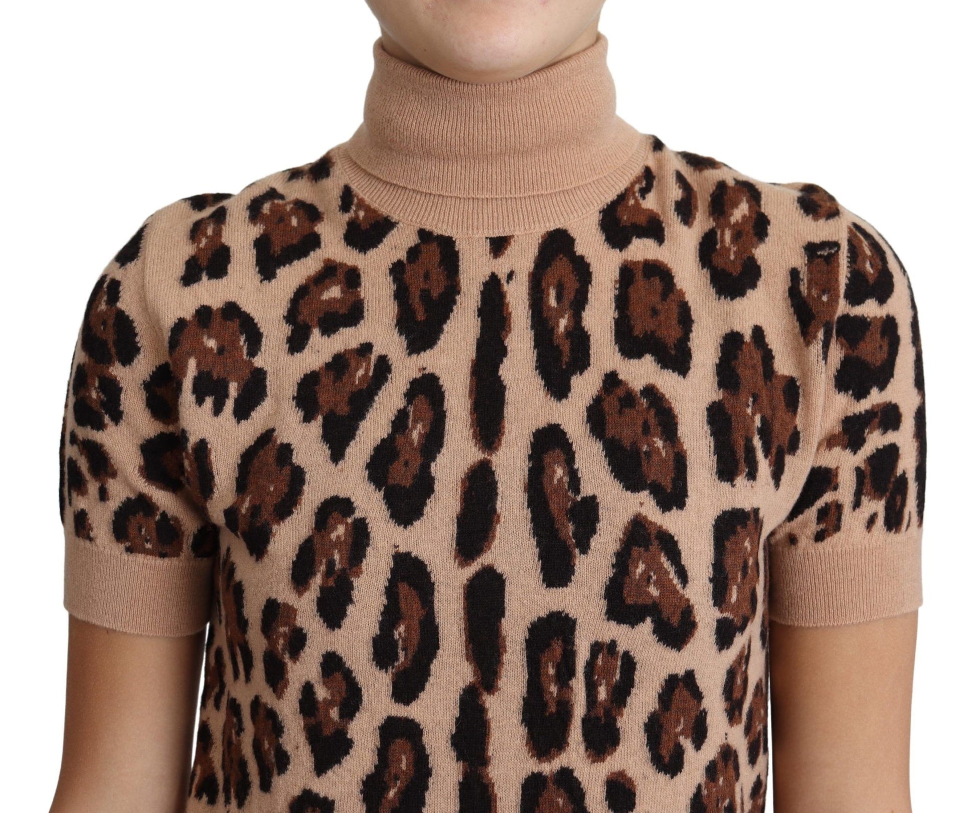 Dolce & Gabbana Beige Leopard Print Virgin Wool Turtleneck Top Dolce & Gabbana