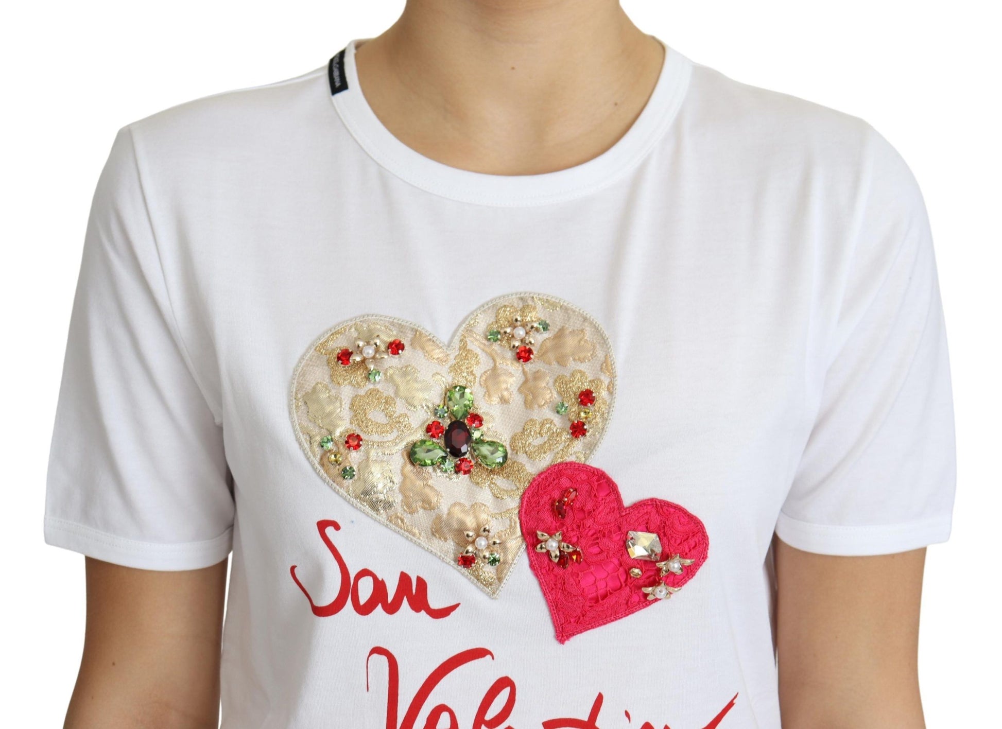 Dolce & Gabbana White San Valentino Heart Crystals T-shirt Top Dolce & Gabbana
