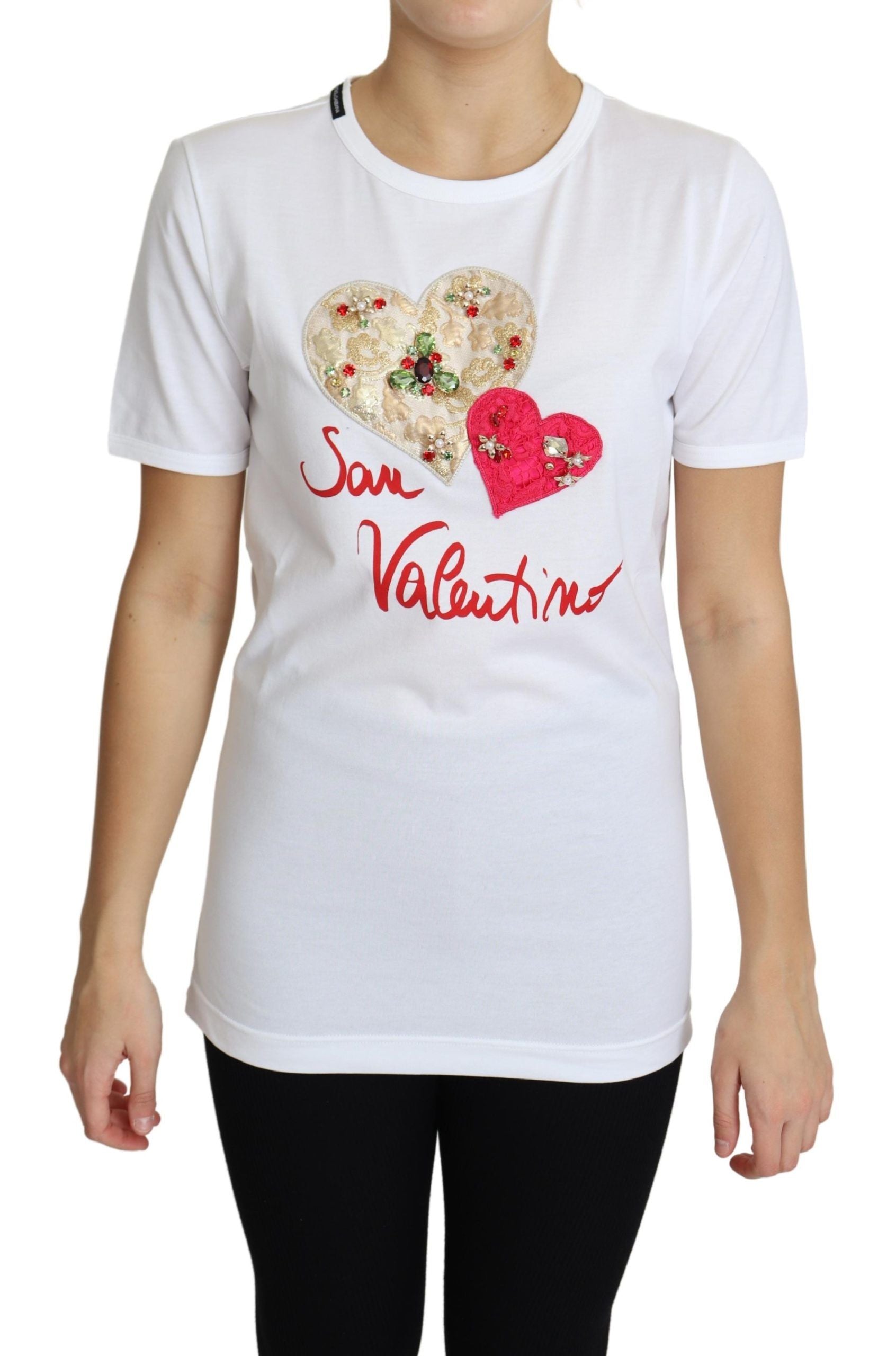 Dolce & Gabbana White San Valentino Heart Crystals T-shirt Top Dolce & Gabbana