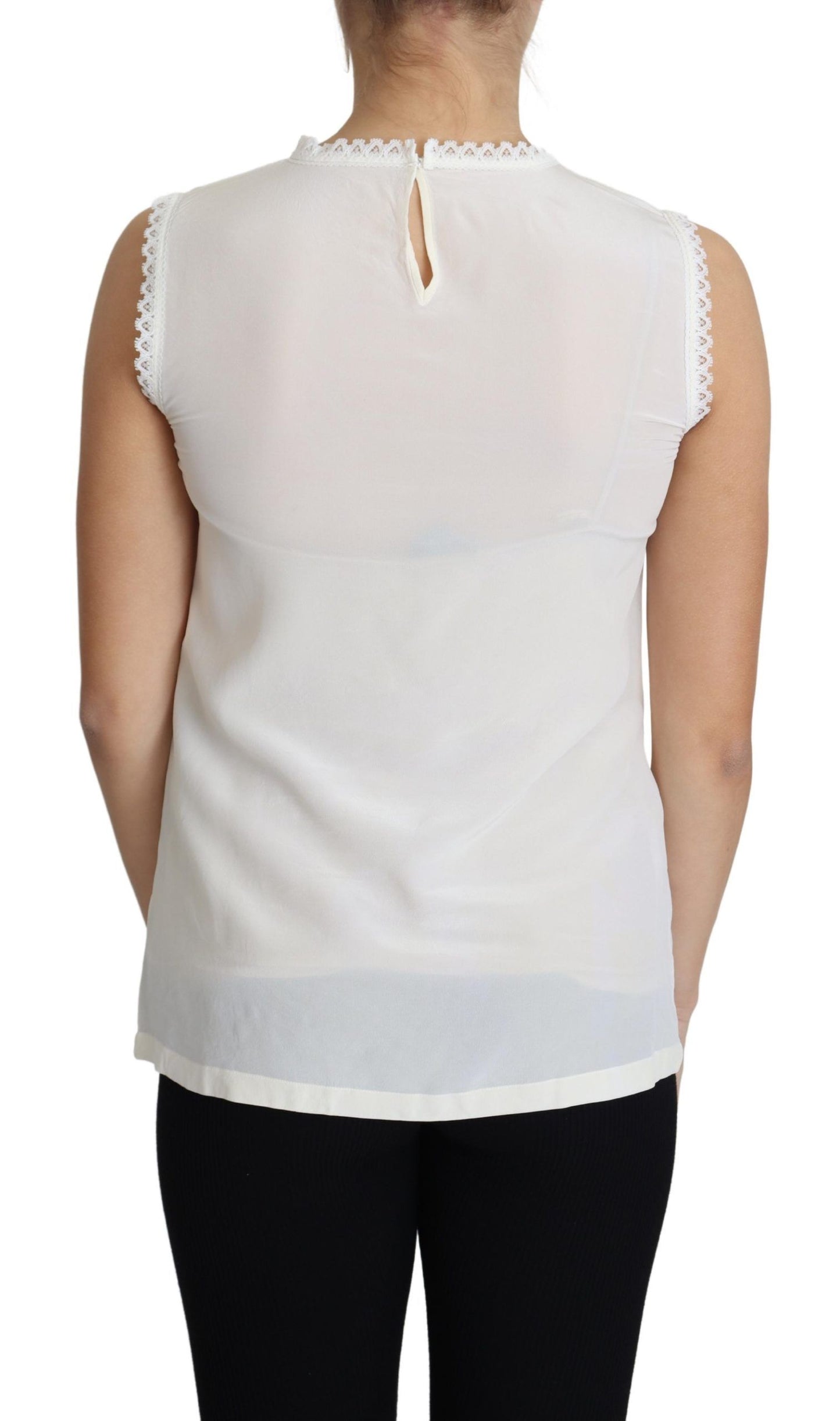 Dolce & Gabbana White Blouse Silk Lace Trimmed Sleeveless Top Dolce & Gabbana