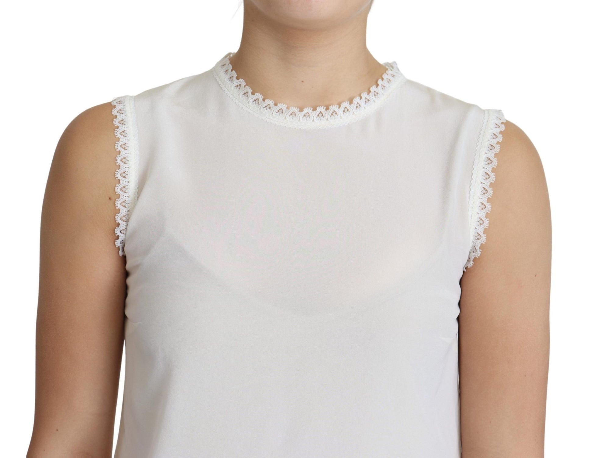Dolce & Gabbana White Blouse Silk Lace Trimmed Sleeveless Top Dolce & Gabbana