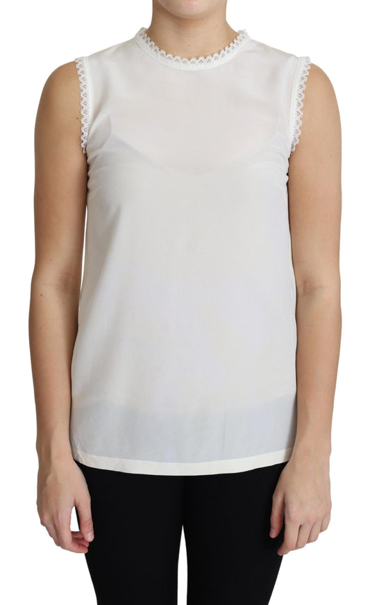 Dolce & Gabbana White Blouse Silk Lace Trimmed Sleeveless Top Dolce & Gabbana