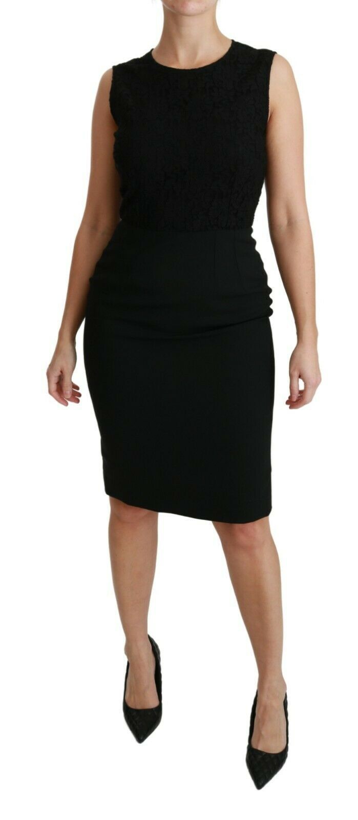 Black floral lace Dolce & Gabbana sheath gown dress with intricate lace details and a fitted silhouette.