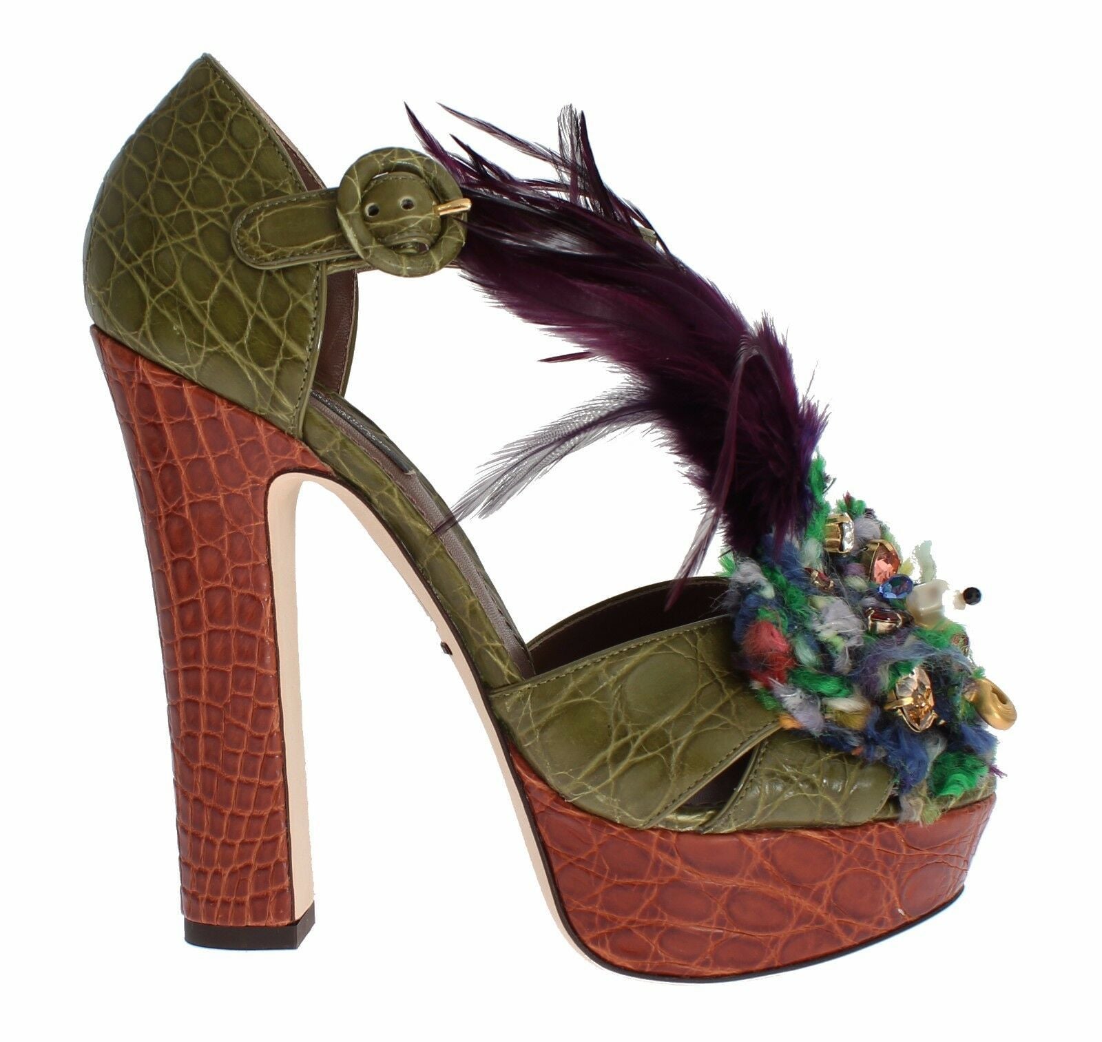 Dolce & Gabbana Green Leather Crystal Platform Sandal Shoes Dolce & Gabbana