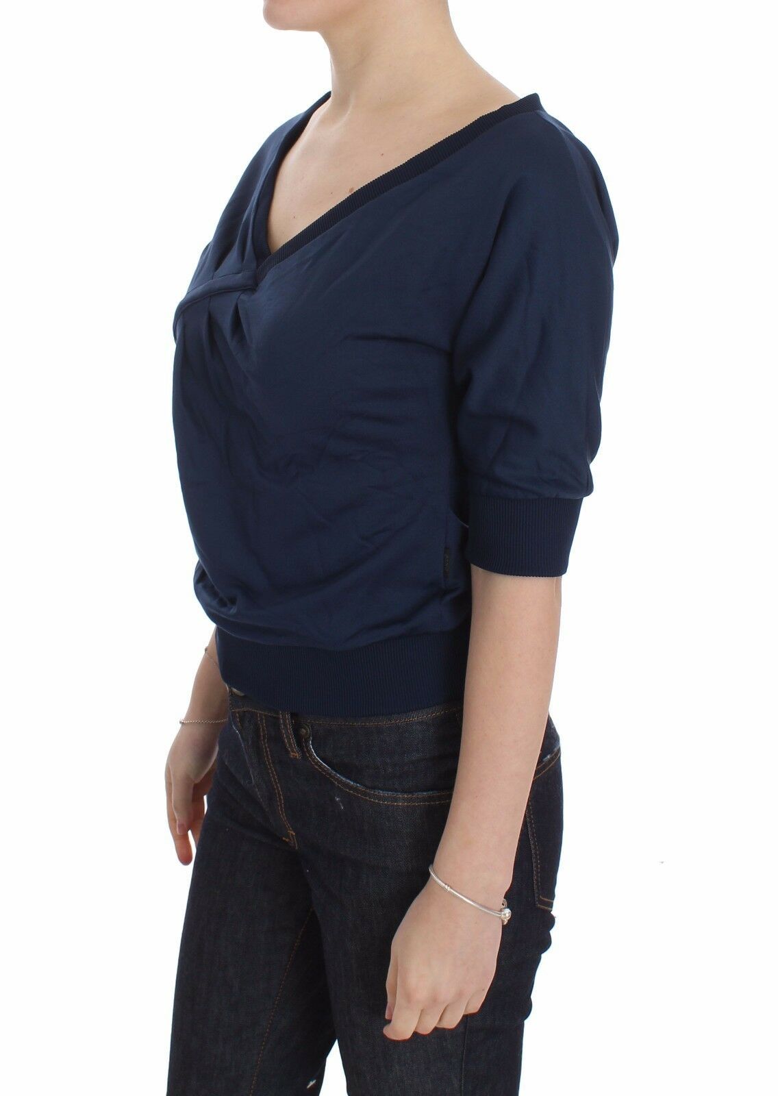 Exte Blue Cotton Top Pullover Deep V-neck Women Sweater Exte