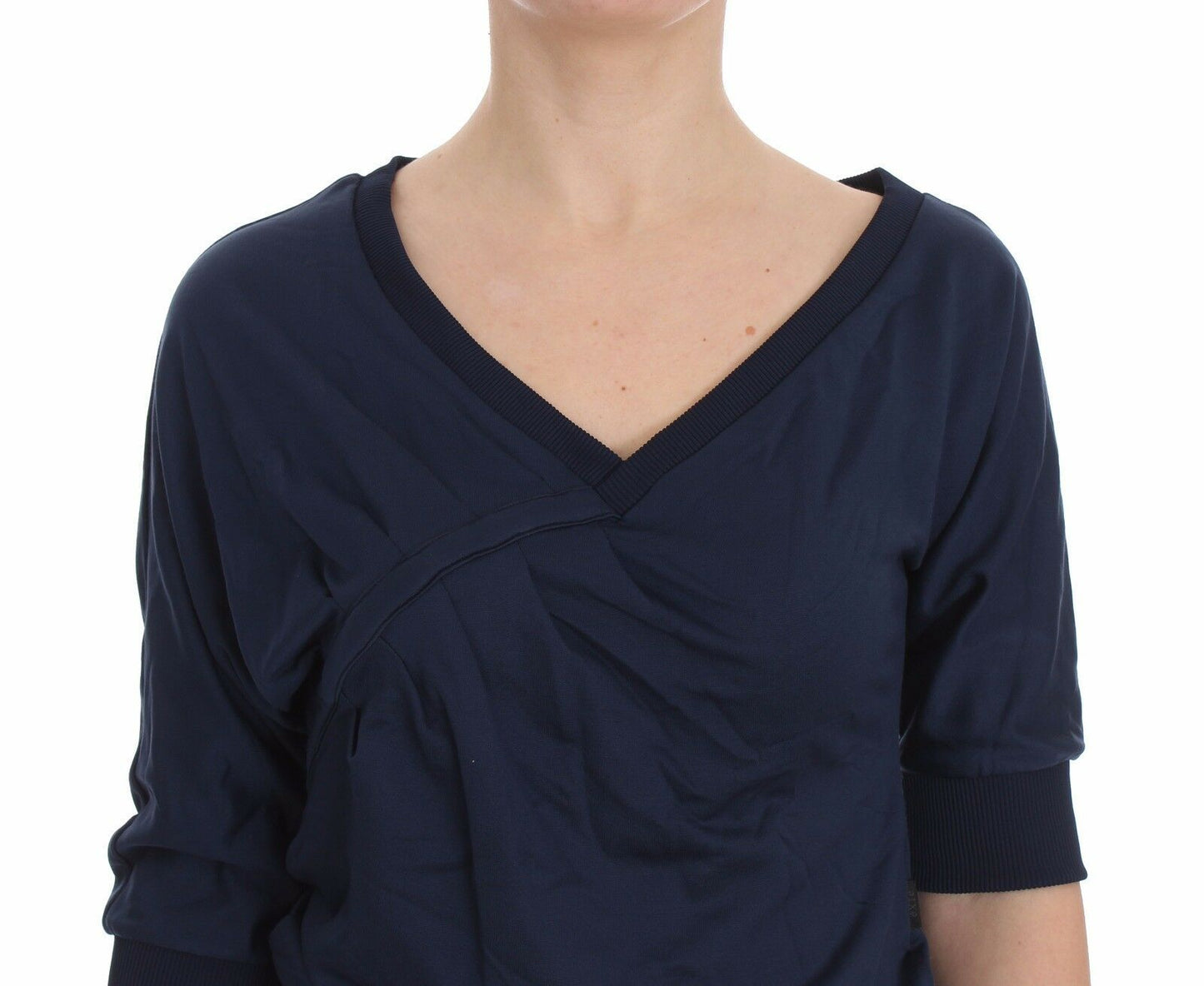 Exte Blue Cotton Top Pullover Deep V-neck Women Sweater Exte