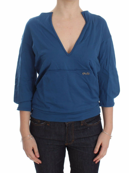 Exte Blue Cotton Top Pullover Deep V-neck Women Sweater Exte