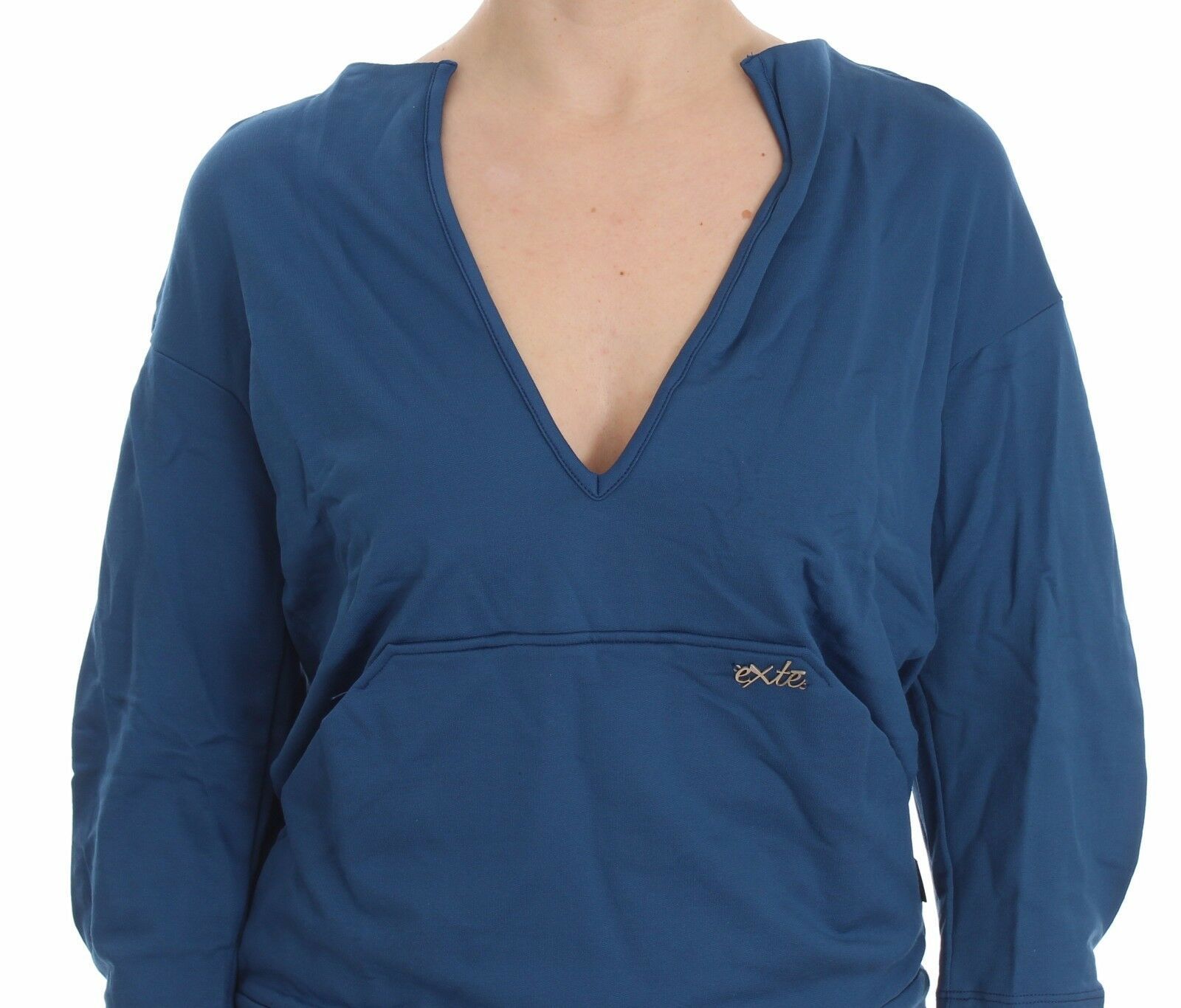 Exte Blue Cotton Top Pullover Deep V-neck Women Sweater Exte