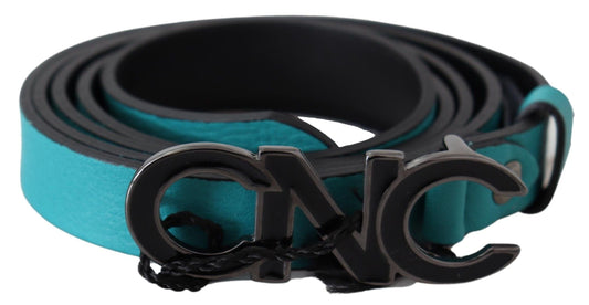 Costume National Blue Green Leather Logo Silver Buckle Belt Costume National
