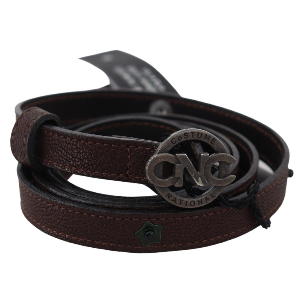 Costume National Brown Skinny Leather Round Logo Buckle Belt
