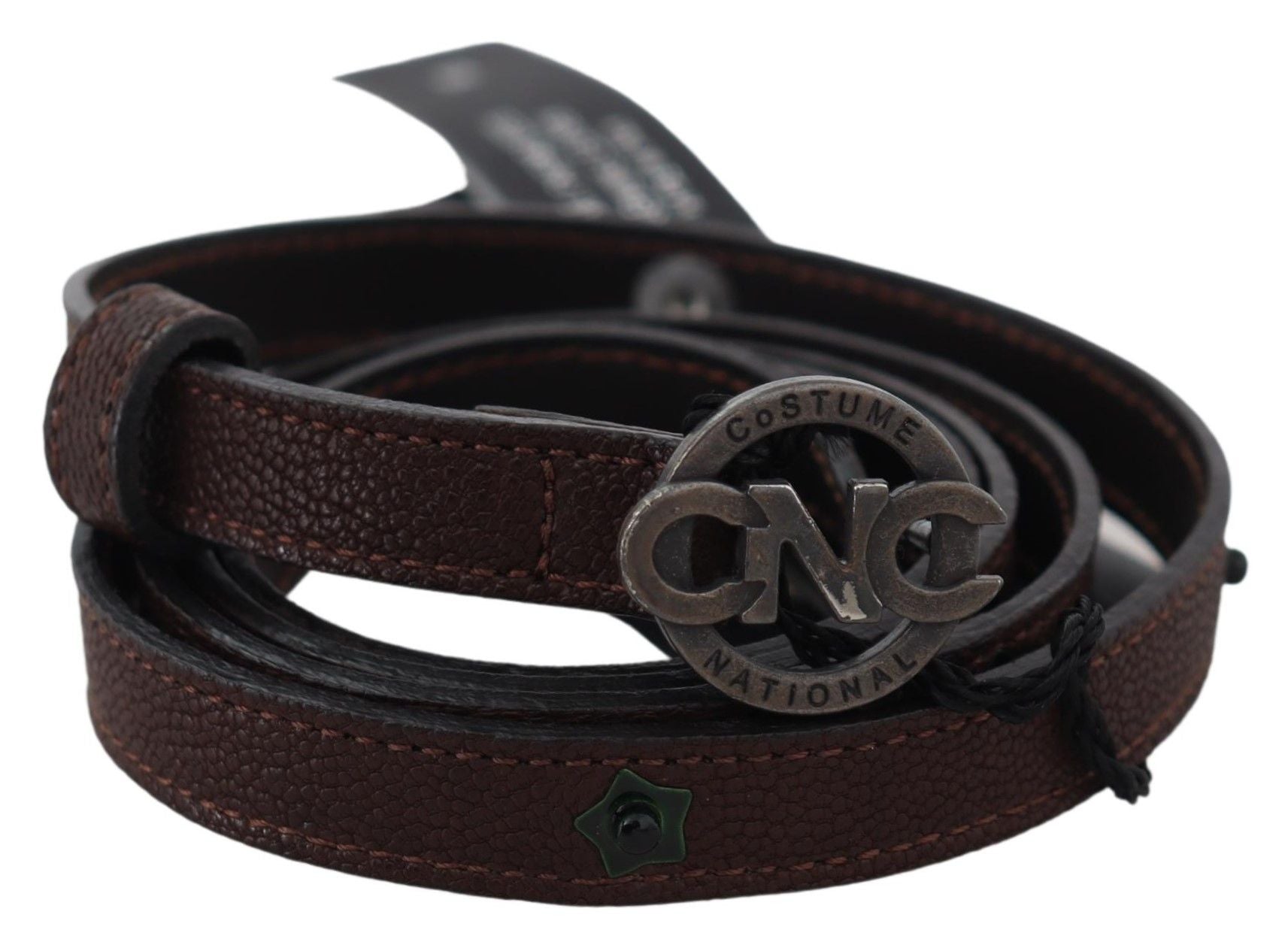 Costume National Brown Skinny Leather Round Logo Buckle Belt Costume National