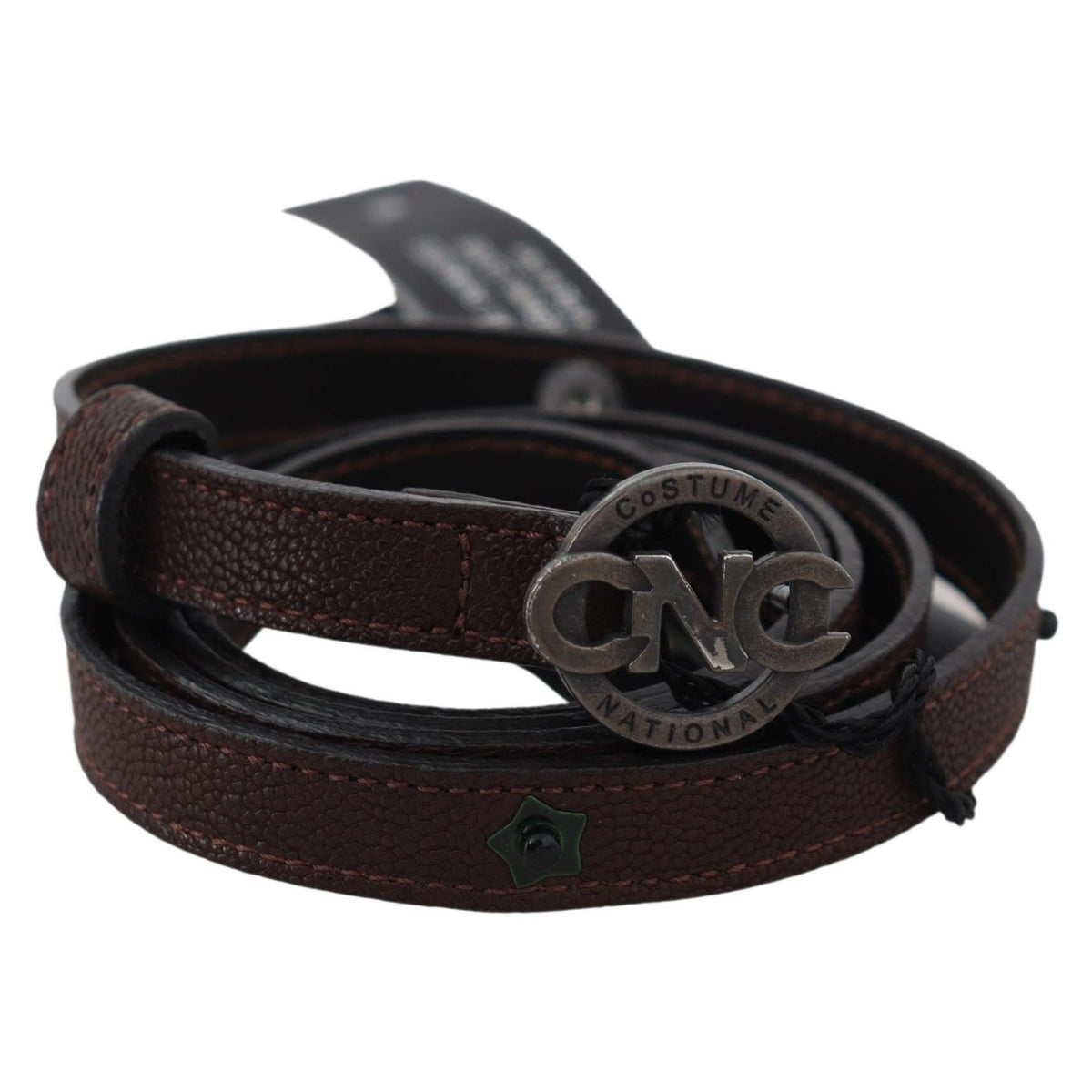 Costume National Brown Skinny Leather Round Logo Buckle Belt
