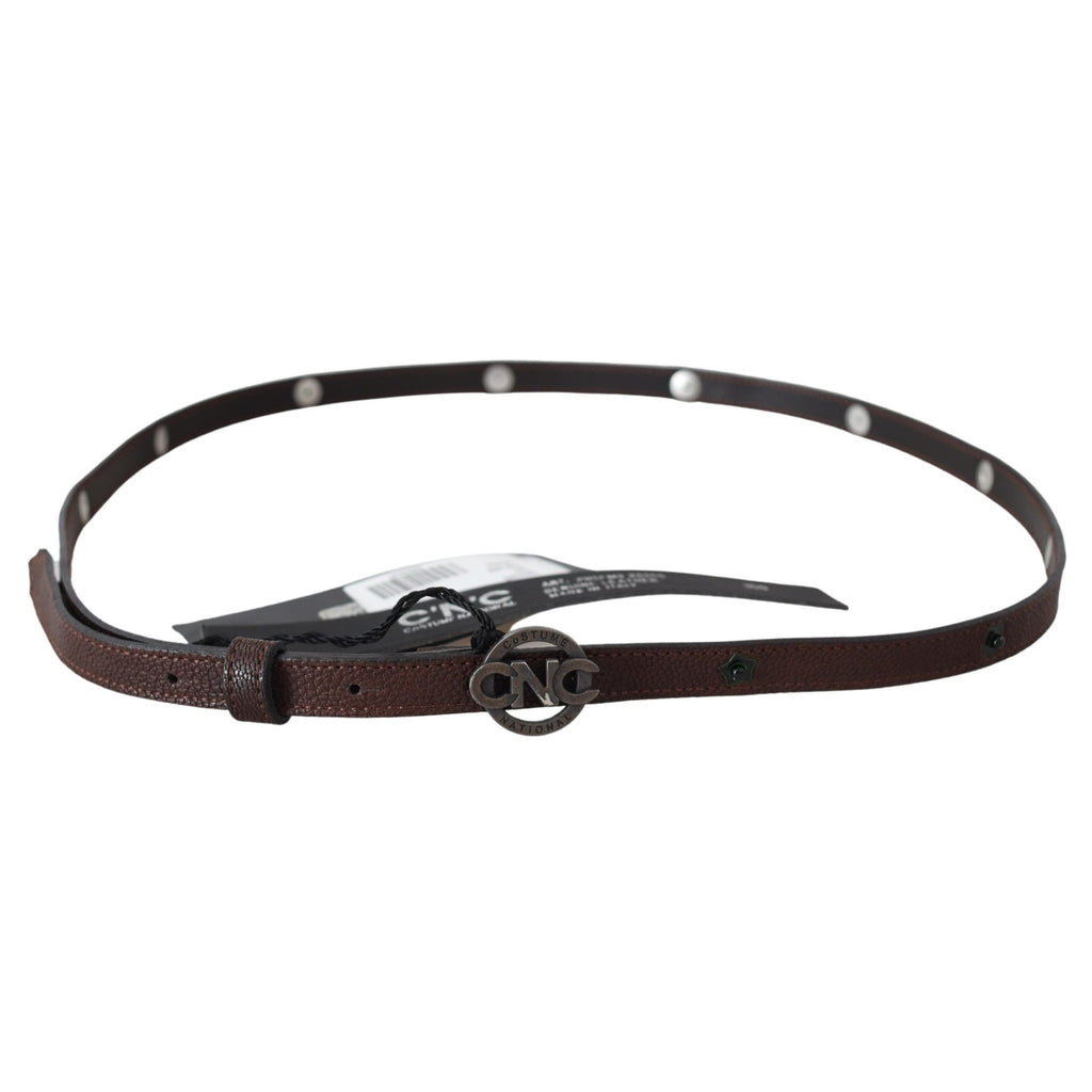 Costume National Brown Skinny Leather Round Logo Buckle Belt