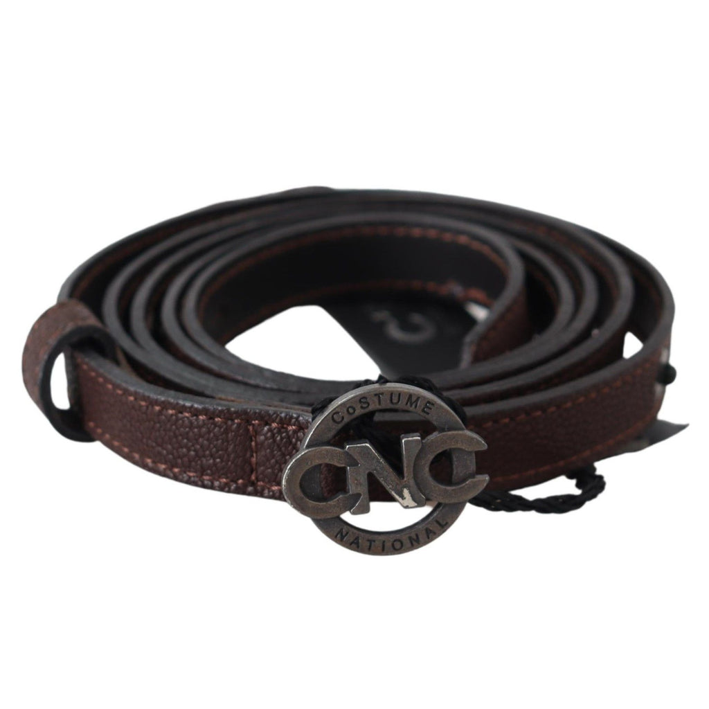 Costume National Brown Skinny Leather Round Logo Buckle Belt