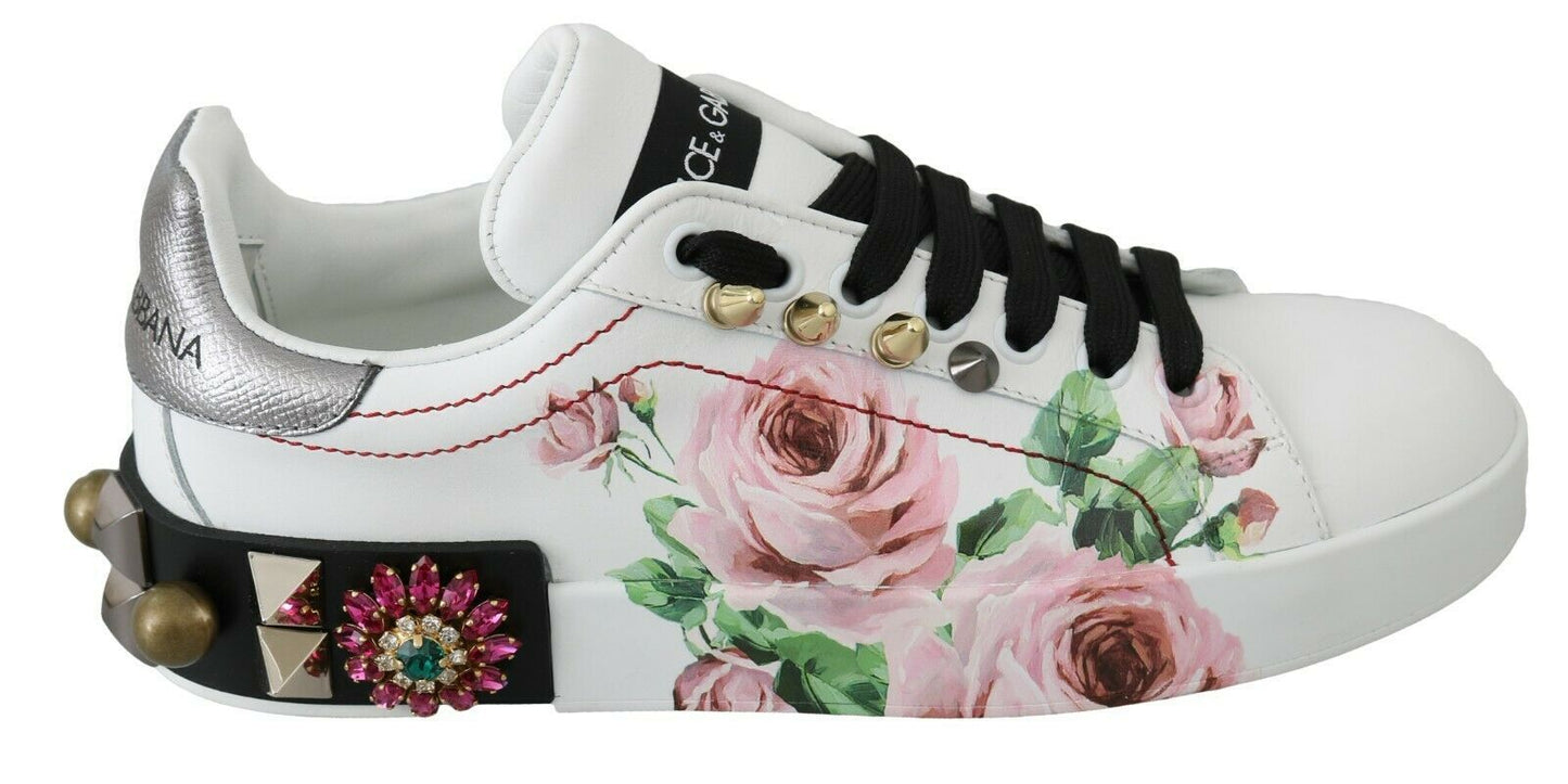 Dolce & Gabbana White Leather Crystal Roses Floral Sneakers Shoes Dolce & Gabbana
